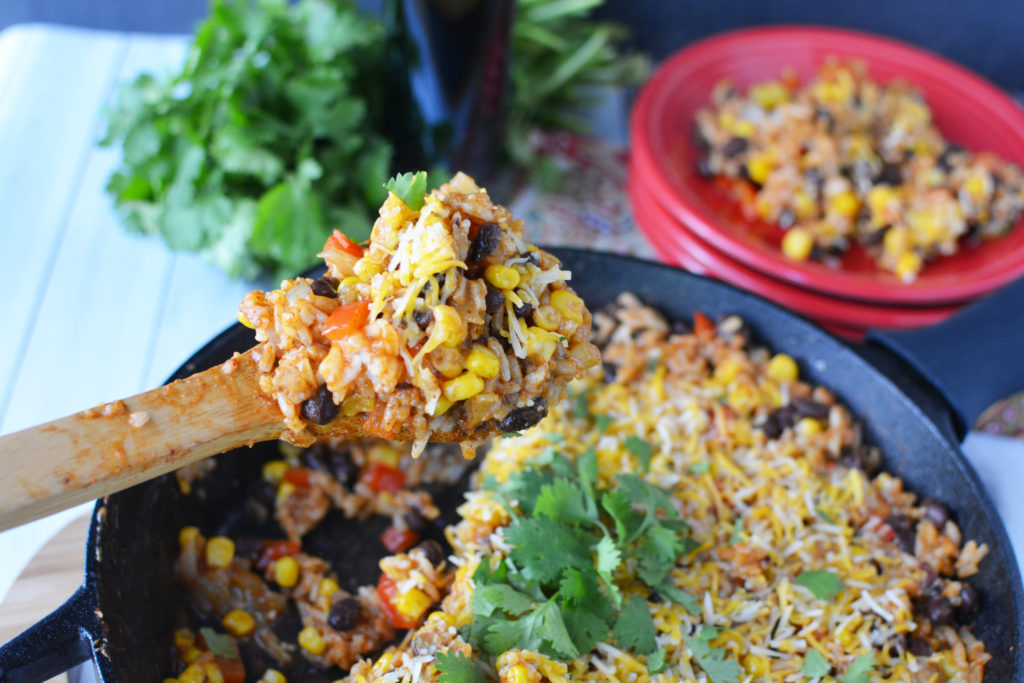 This easy enchilada skillet is an awesome quick dinner solution and a great meatless meal option|Ripped Jeans and Bifocals