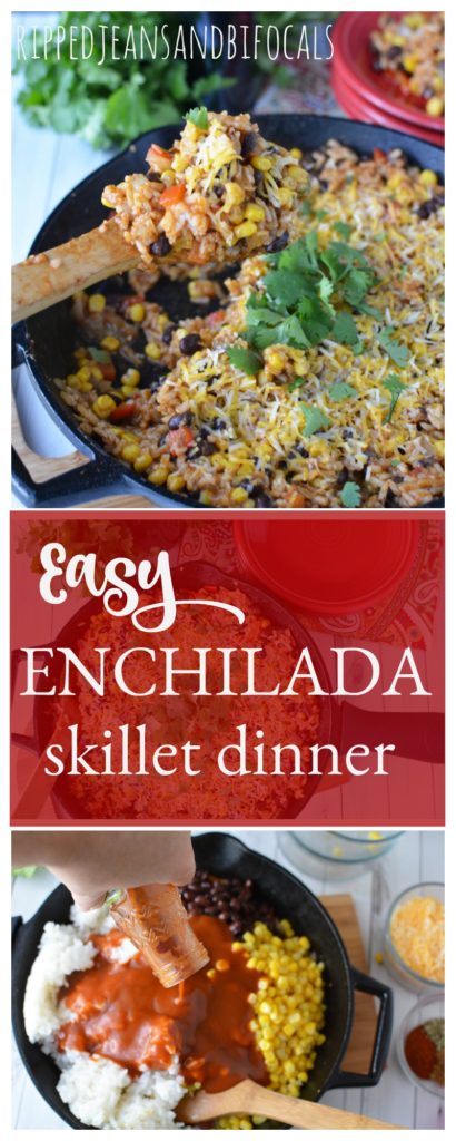 This easy enchilada skillet dinner is one of my family's go-to weeknight dinners. This easy, weeknight, one skillet meatless meal can be made with ingreidents you probably have on hand|Ripped Jeans and Bifocals