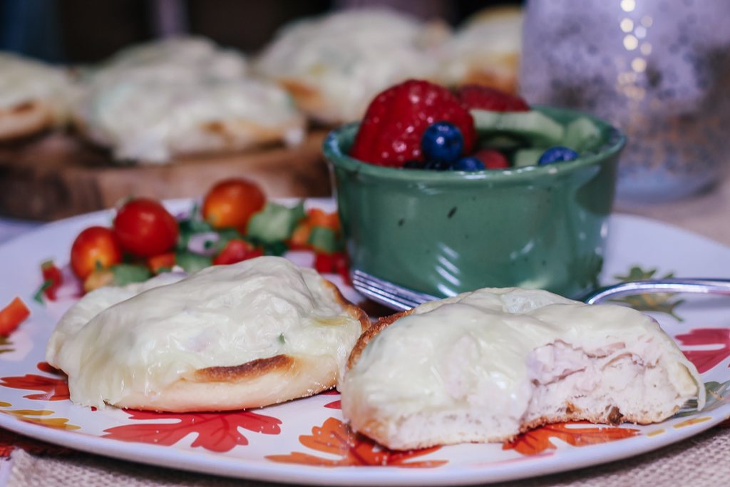 English Muffin Tuna Melt on patterned plate with fruit salad|How to make an easy tuna melt using English Muffins