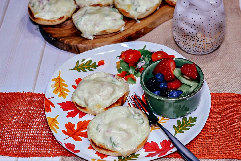 English Muffin Tuna Melt on patterned plate with fruit salad|How to make an easy tuna melt using English Muffins