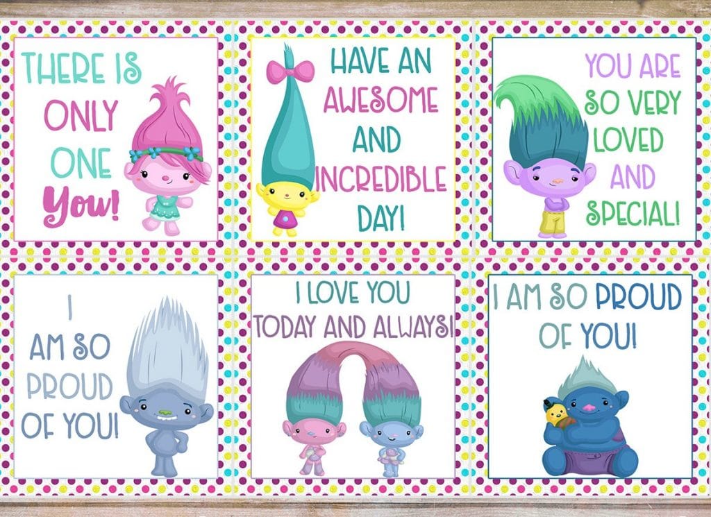Affirming Trolls-themed lunchbox notes printables