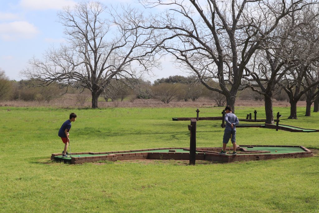 Boys playing mini golf 