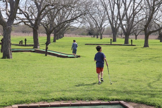 Two boys playing mini golf under the trees