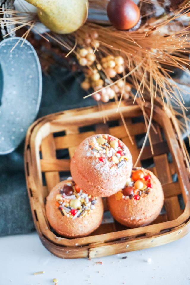 Pumpkin spice bath bombs in a basket