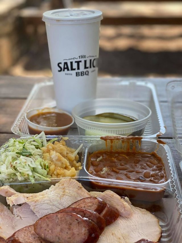 Turkey and sausage plate at Salt Lick BBQ Driftwood TX