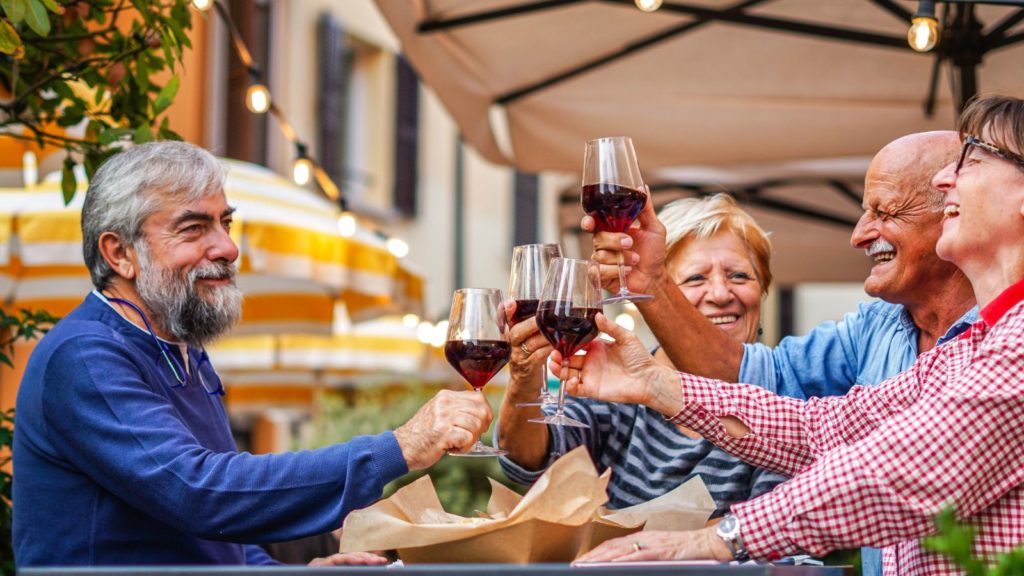 Group of travelers drinking wine.