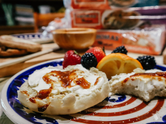 Thomas' English Muffin with cream cheese and bacon jam. 