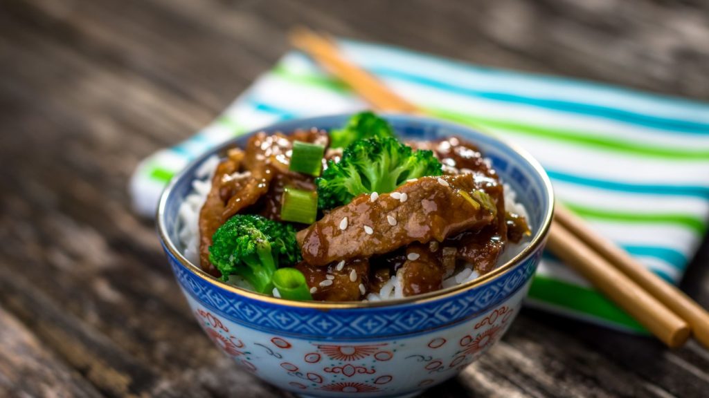 Bowl of beef and broccoli. 